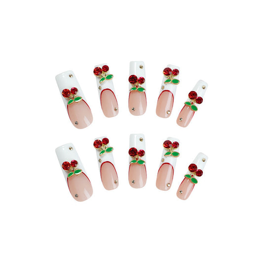 Cherry Blossom Delight Long Coffin Beige and White Nails with Floral Embellishments
