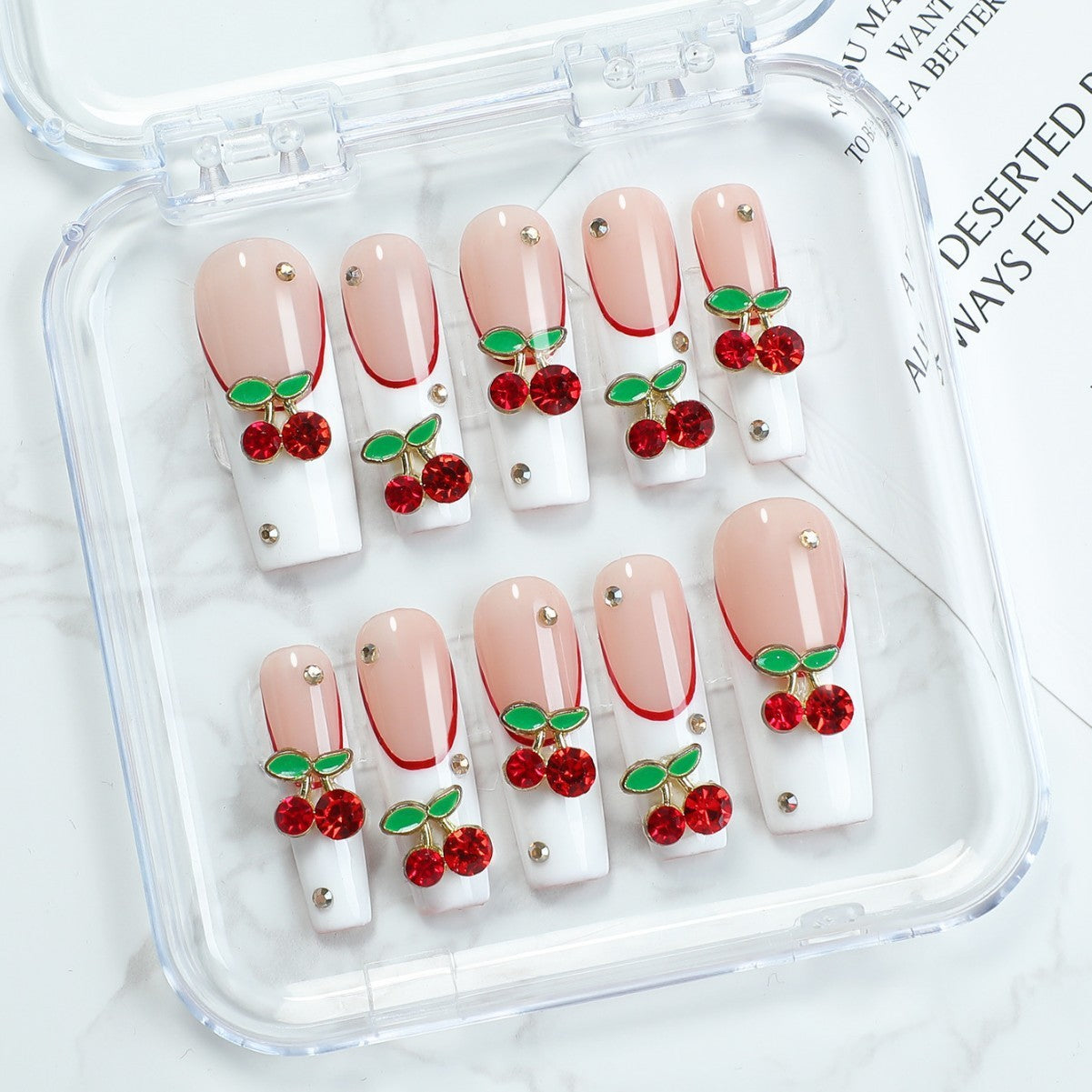 Cherry Blossom Charm Long Square Pink and White Press-On Nail Set with Jewel Embellishments