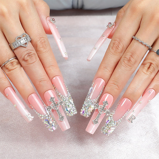 Celestial Elegance Long Square Shaped Pink Press On Nail Set with Dazzling Gemstone Cross Accents