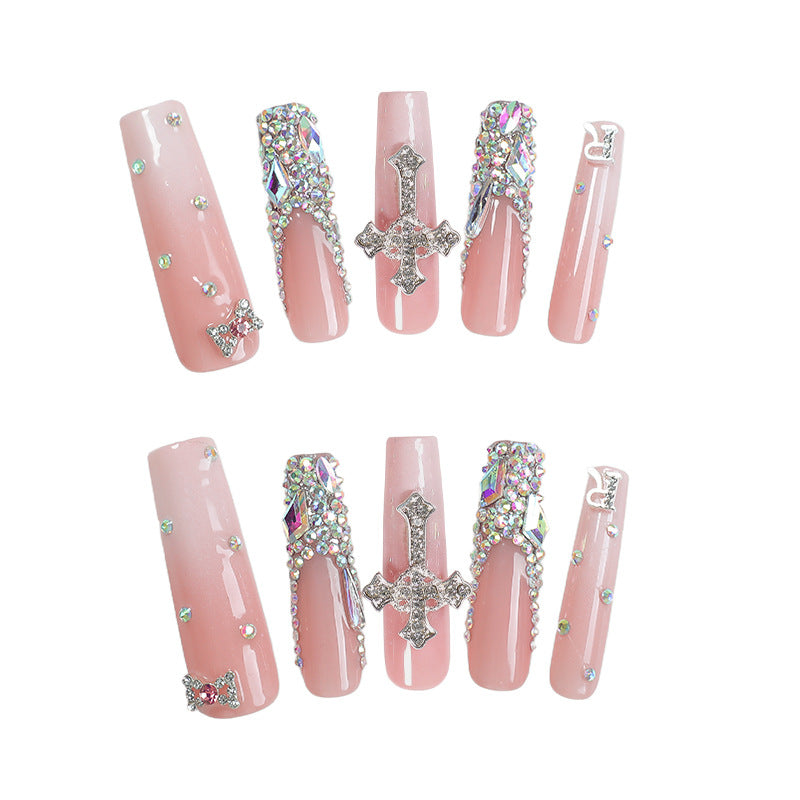 Elegant Charm Long Square Blush Pink Press-On Nails with Sparkling Rhinestone Embellishments