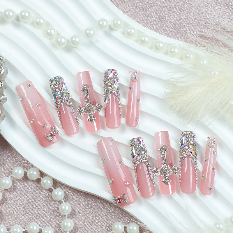 Glamorous Elegance Long Square Pink Press On Nail Set with Sparkling Cross and Rhinestone Accents