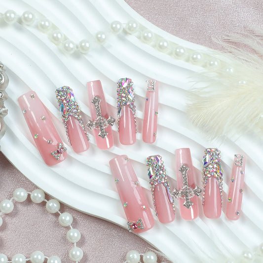 Glamorous Elegance Long Square Pink Press On Nail Set with Sparkling Cross and Rhinestone Accents