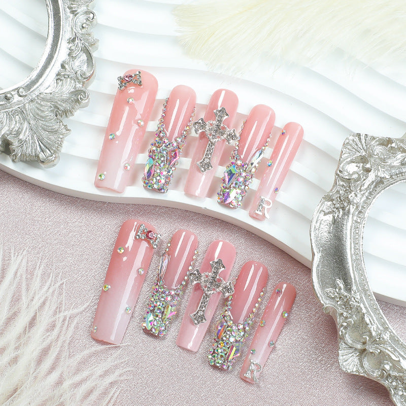 Glamorous Elegance Long Square Blush Pink Press on Nail Set with Dazzling Crystal Crosses