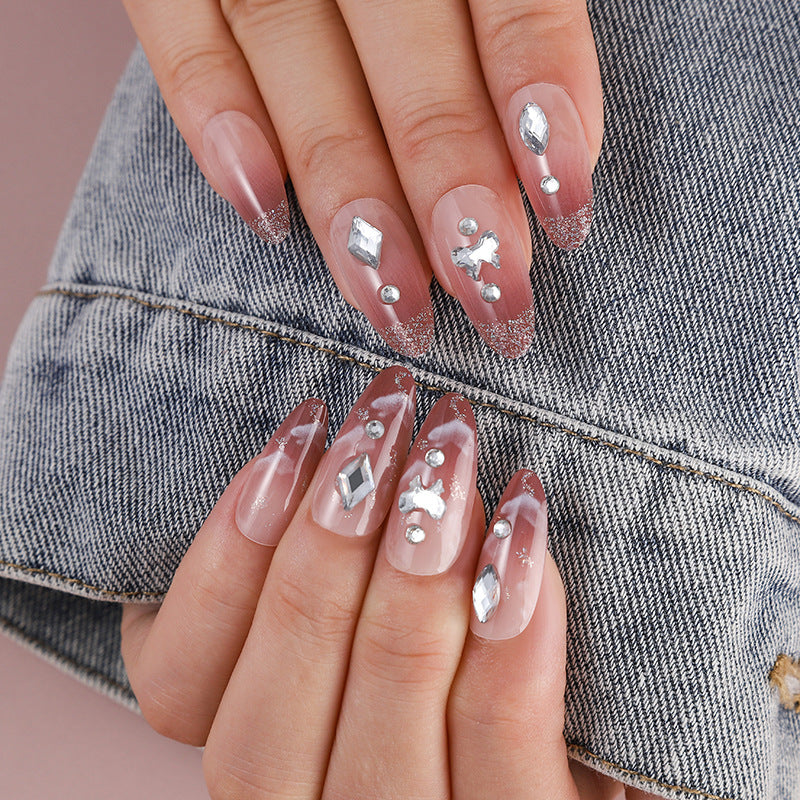 Glamorous Medium Almond Pink with Rhinestone Accents Press On Nail Set