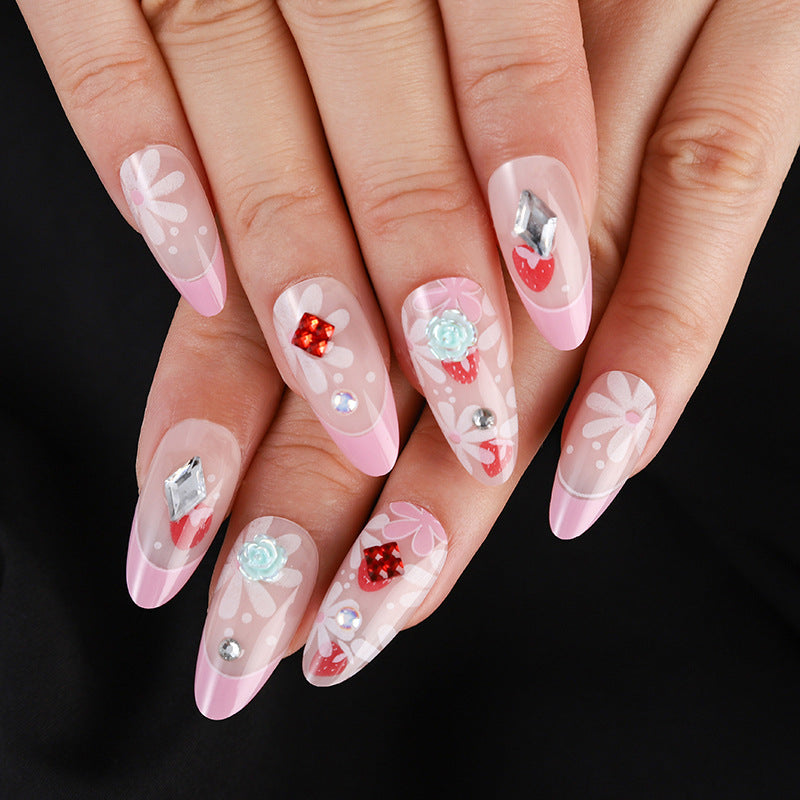 Charming Floral Oval Long Pink Press On Nail Set with Gemstone Embellishments