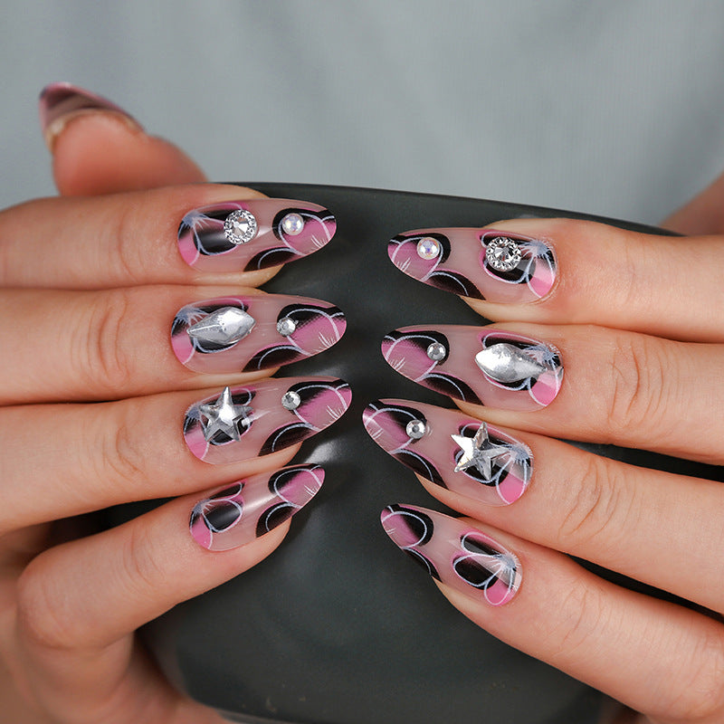 Chic Cosmic Fantasy Medium Almond Pink Nails with Glittering Accents