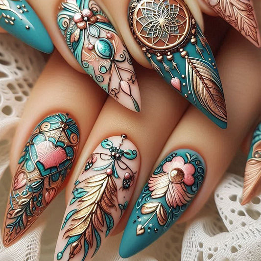 Dreamy Bohemian Extra Long Stiletto Teal and Pink Press on Nail Set with Intricate Floral and Dreamcatcher Design