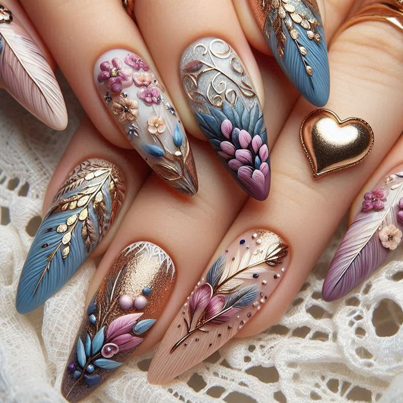 Bohemian Elegance Long Stiletto Blue and Pink Floral Press On Nail Set with Iridescent Accents