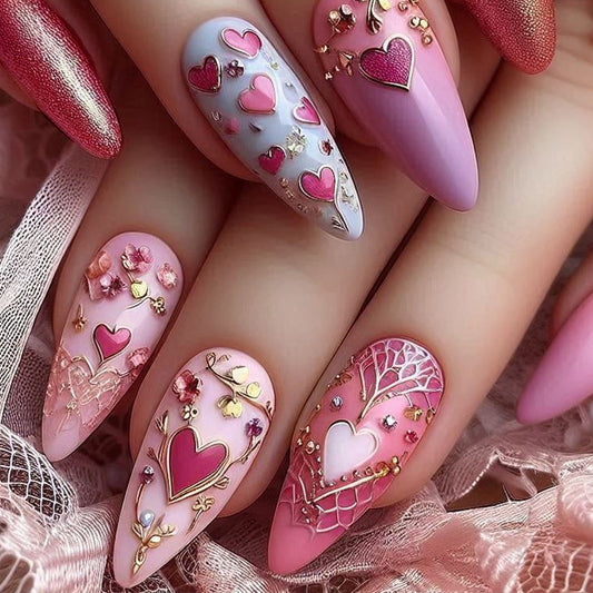 Romantic Heartshape Longk Almond Pink and Lavender Press On Nail Set with Delicate Floral and Heart Accents