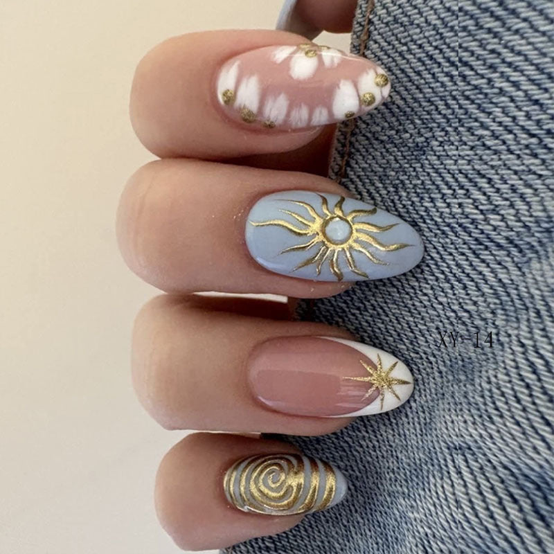 Celestial Charm Short Oval Shaped Pastel Blue and Pink Press On Nail Set with Eye-Catching Golden Accents