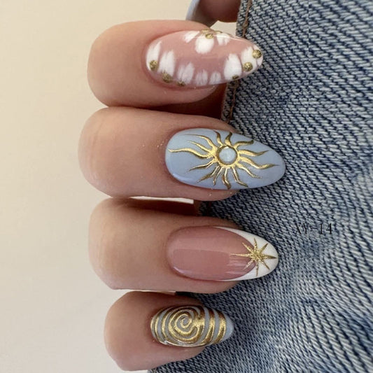 Celestial Charm Short Oval Shaped Pastel Blue and Pink Press On Nail Set with Eye-Catching Golden Accents