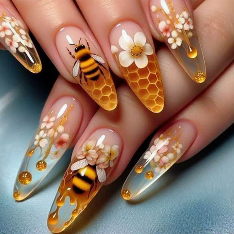 Honey Bee Inspired Medium Almond Yellow Floral Nail Press Set
