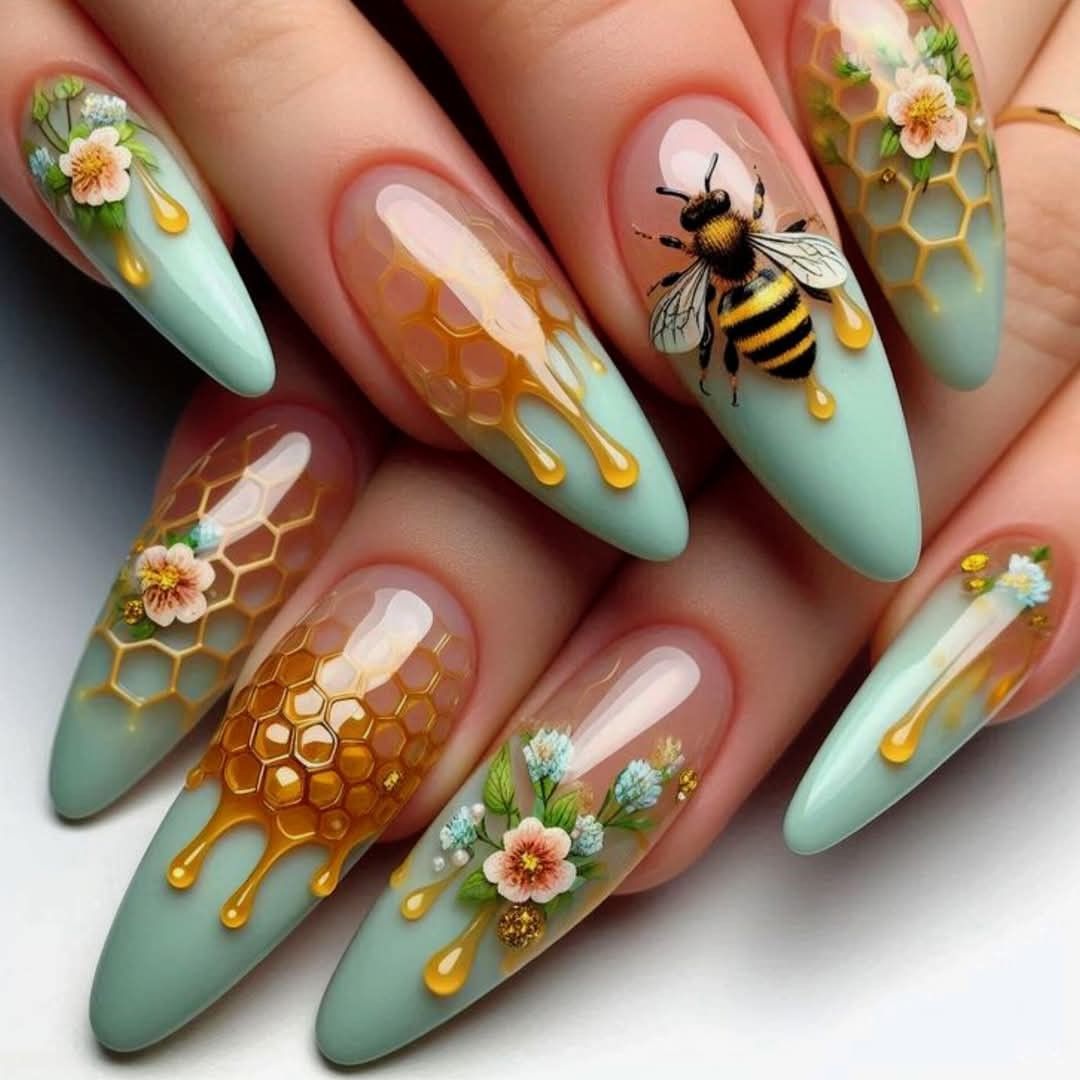 Bee Inspired Medium Almond Aqua and Honey Drip Floral Press On Nail Set