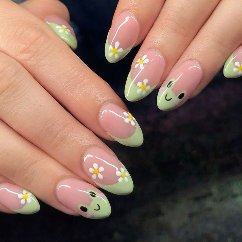 Bright Floral Fantasy Medium Oval Shaped Green and Pink Press On Nail Set with Charming Flower Accents