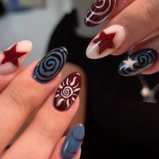 Celestial Dreams Medium Almond Burgundy and Blue with Whimsical Spiral Designs Press On Nail Set