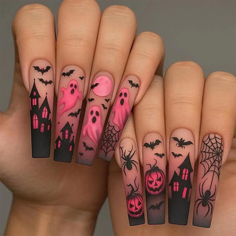 Spooky Halloween Long Square Pink Gradient with Haunting Designs Press on Nail Set