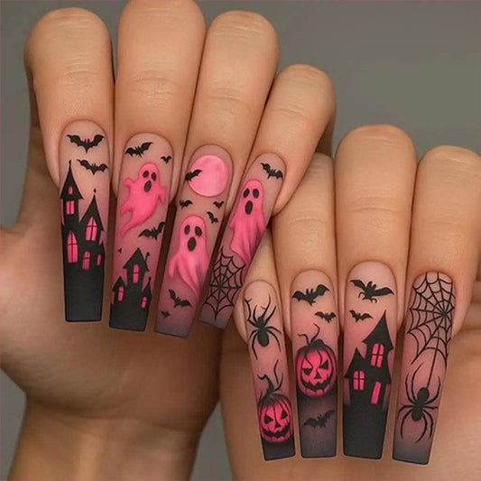 Spooky Halloween Long Square Pink Gradient with Haunting Designs Press on Nail Set