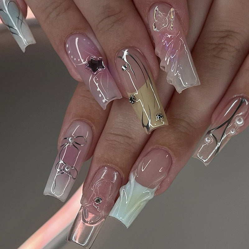 Dreamy Elegance Long Coffin Transparent Pink and White Press On Nail Set with Unique Marble Swirls and Dazzling Gems