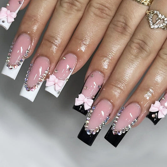 Elegant Charm Long Square Pink and Black Ombre Press On Nail Set with Rhinestones and Bows