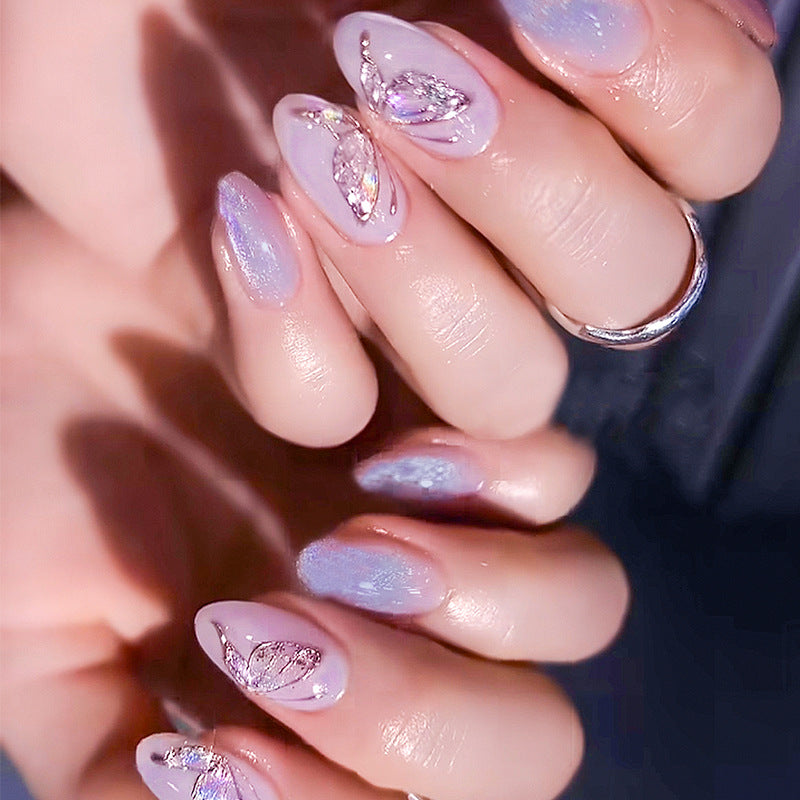 Enchanted Elegance Long Almond Purple Glitter Press On Nail Set with 3D Butterfly Accents
