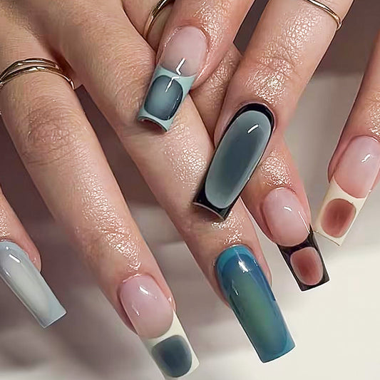 Elegant Ombre Gradient Long Coffin Press On Nail Set in Soothing Blues with Glossy Finish