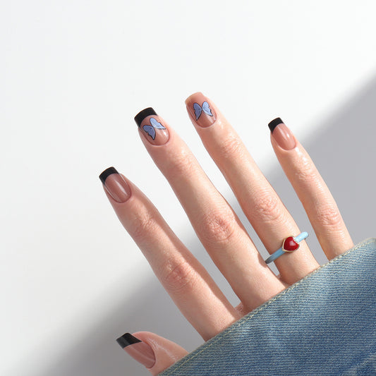 Modern Monarch Medium Square Press On Nails in Beige with Black Tips and Blue Butterfly Accents