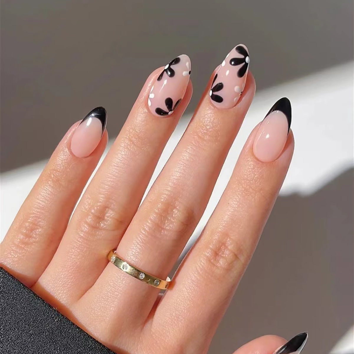 Sassy Spots Long Almond Press On Nails in Sheer Pink with Black Heart and Polka Dot Design