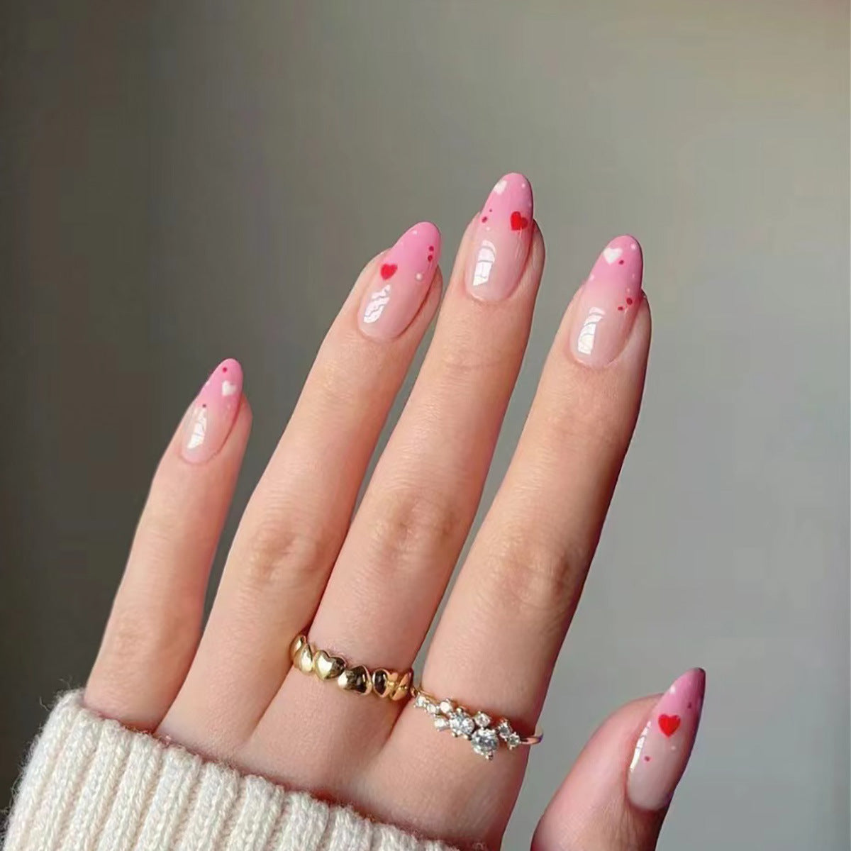 Romantic Heart Theme Long Almond Pink Press On Nail Set with Unique Heart Accents