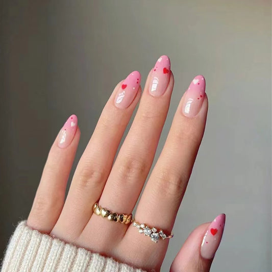 Romantic Heart Theme Long Almond Pink Press On Nail Set with Unique Heart Accents
