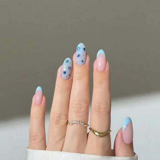 Serene Skies Long Round Press On Nails in Pastel Pink and Blue with Delicate Floral Accents