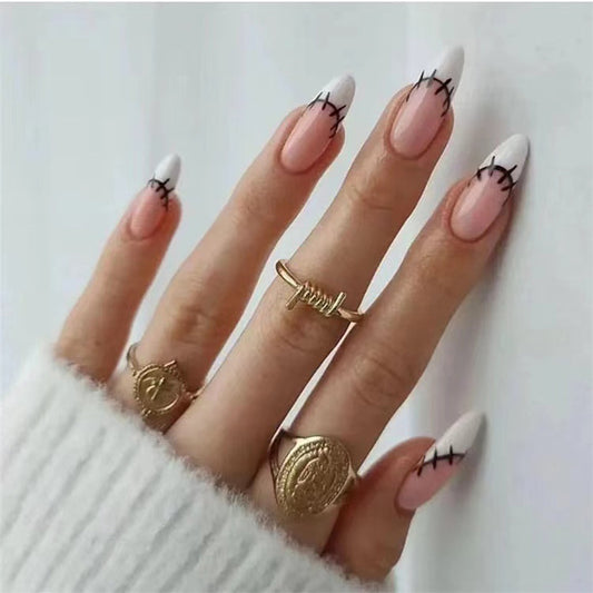 Gothic Elegance Long Almond Pink and White Press On Nail Set with Unique Stitched Design