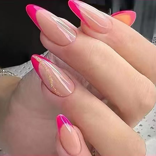 Glamorous Sunset Pink Extra Long Almond Press On Nail Set with Glitter Accent