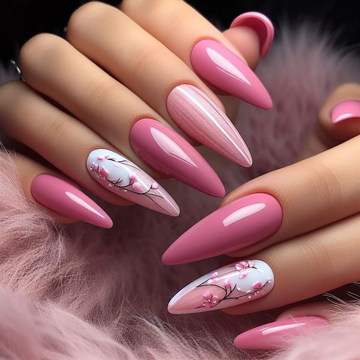 Blossom Inspired Long Almond Pink Press On Nail Set with Elegant Floral Design