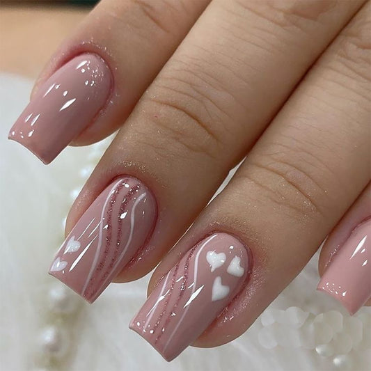 Elegant Romance Long Square Blush Pink Press On Nail Set with Charming Heart Design