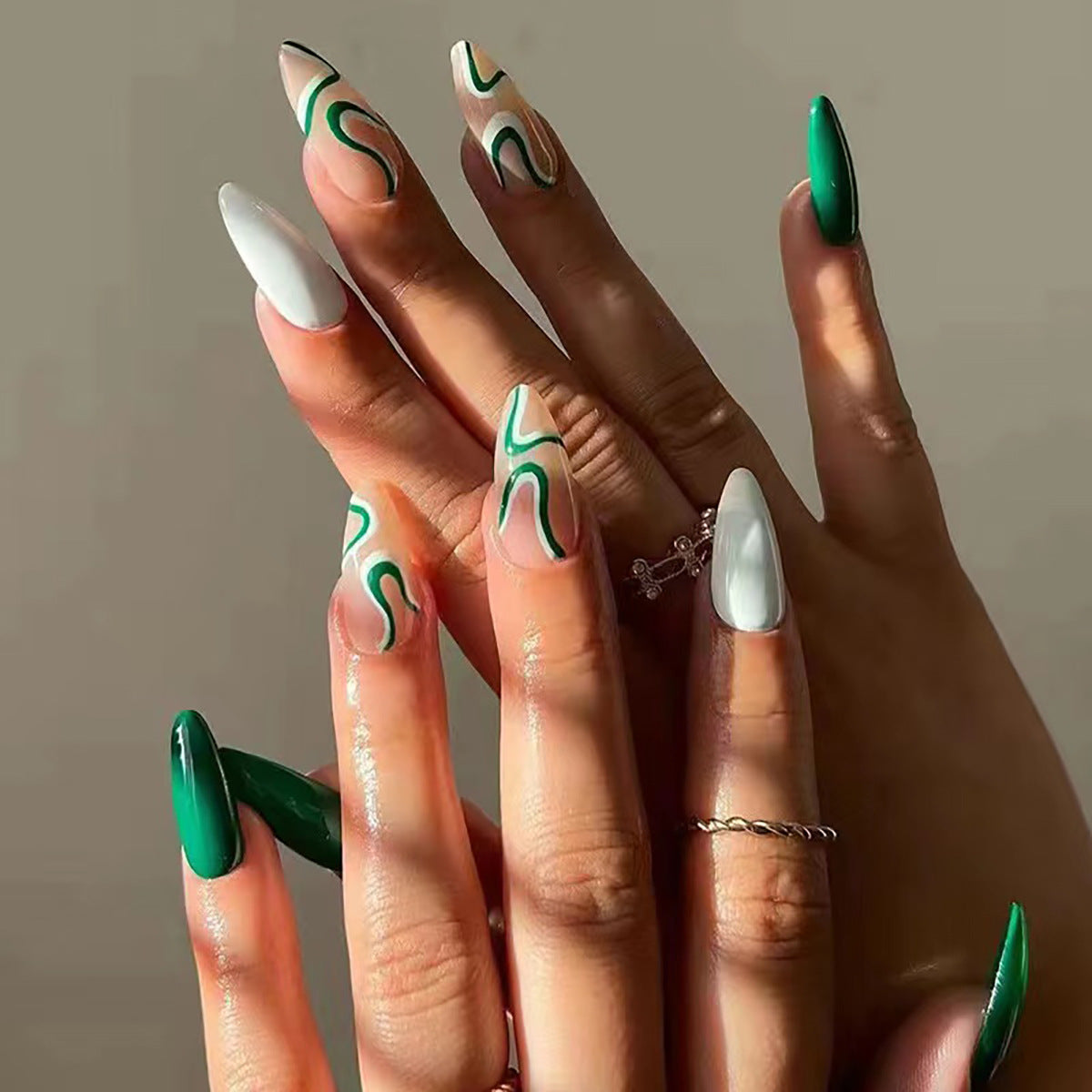 Chic Green Wave Long Almond Press On Nail Set with Striking Abstract Design and Glossy Finish