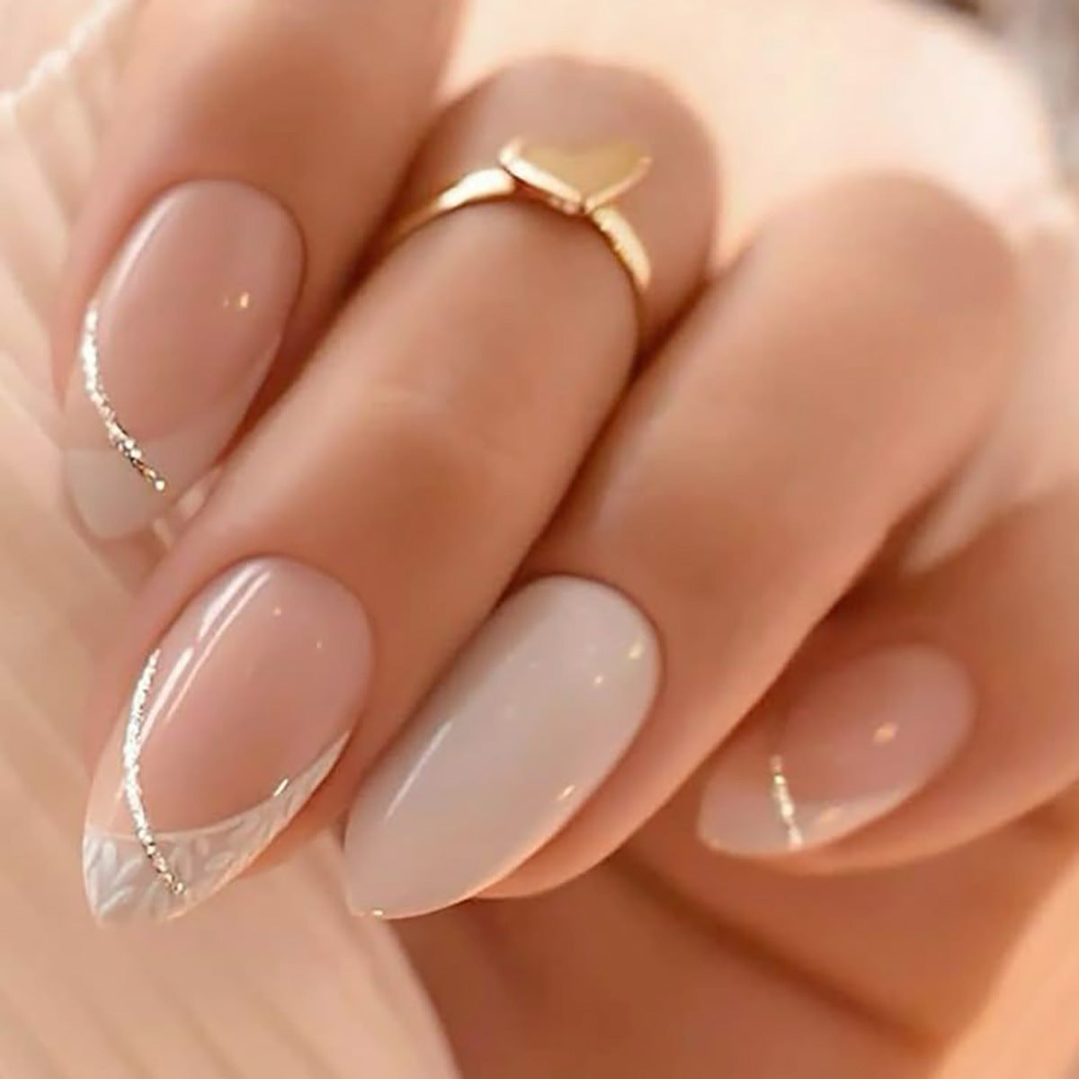 Elegant Serenity Medium Almond Shaped Light Pink Press On Nail Set with Silver Accent Detail