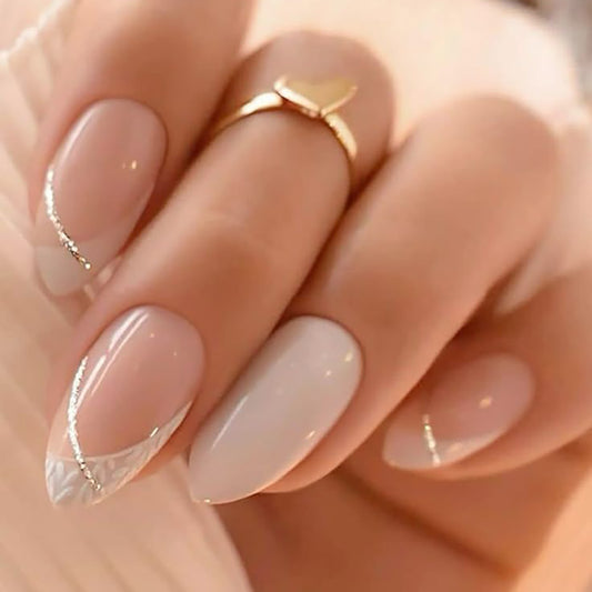 Elegant Serenity Medium Almond Shaped Light Pink Press On Nail Set with Silver Accent Detail