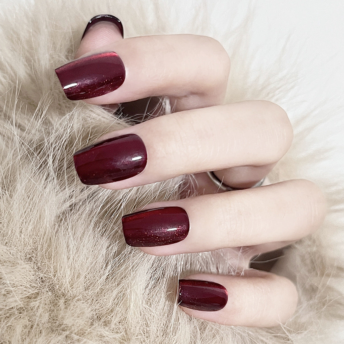 Enchanted Evening Long Square Burgundy Glitter Accent Press On Nail Set