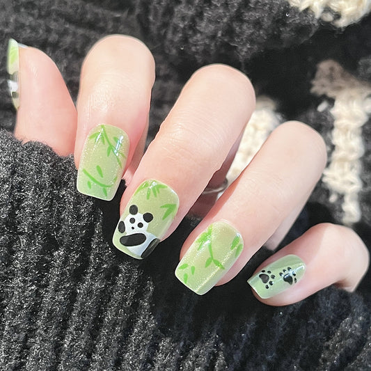 Safari Adventure Long Square Olive Green Press on Nails with Adorable Panda Accent Design