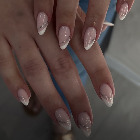 Elegant Affair Medium Almond Pink Press On Nails with White Geometric Accent
