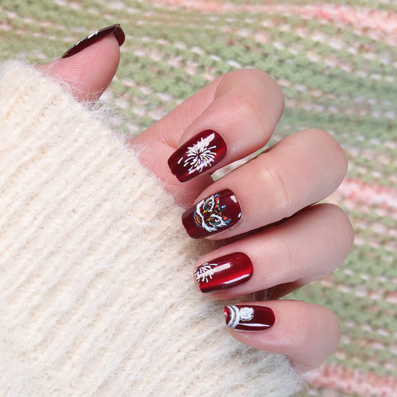 Autumn Elegance Medium Coffin Burgundy Press On Nails with Intricate White Floral Design