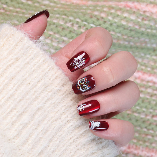 Autumn Elegance Medium Coffin Burgundy Press On Nails with Intricate White Floral Design