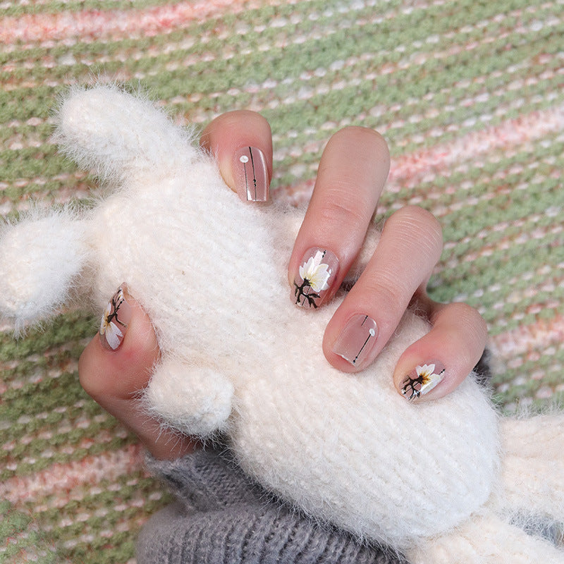 Autumn Enchantment Medium Coffin Taupe Press On Nails with Floral Accent Art Design