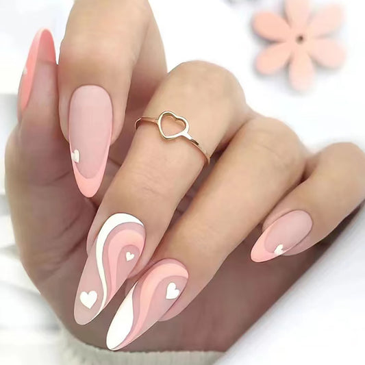 Love Story Long Almond Shaped Pink Ombre Press On Nail Set with Heart Designs