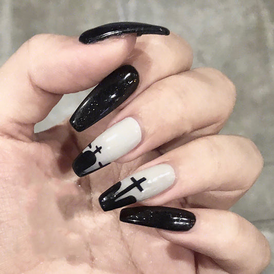 Gothic Glamour Long Coffin Black and White Press On Nail Set with Cross Designs