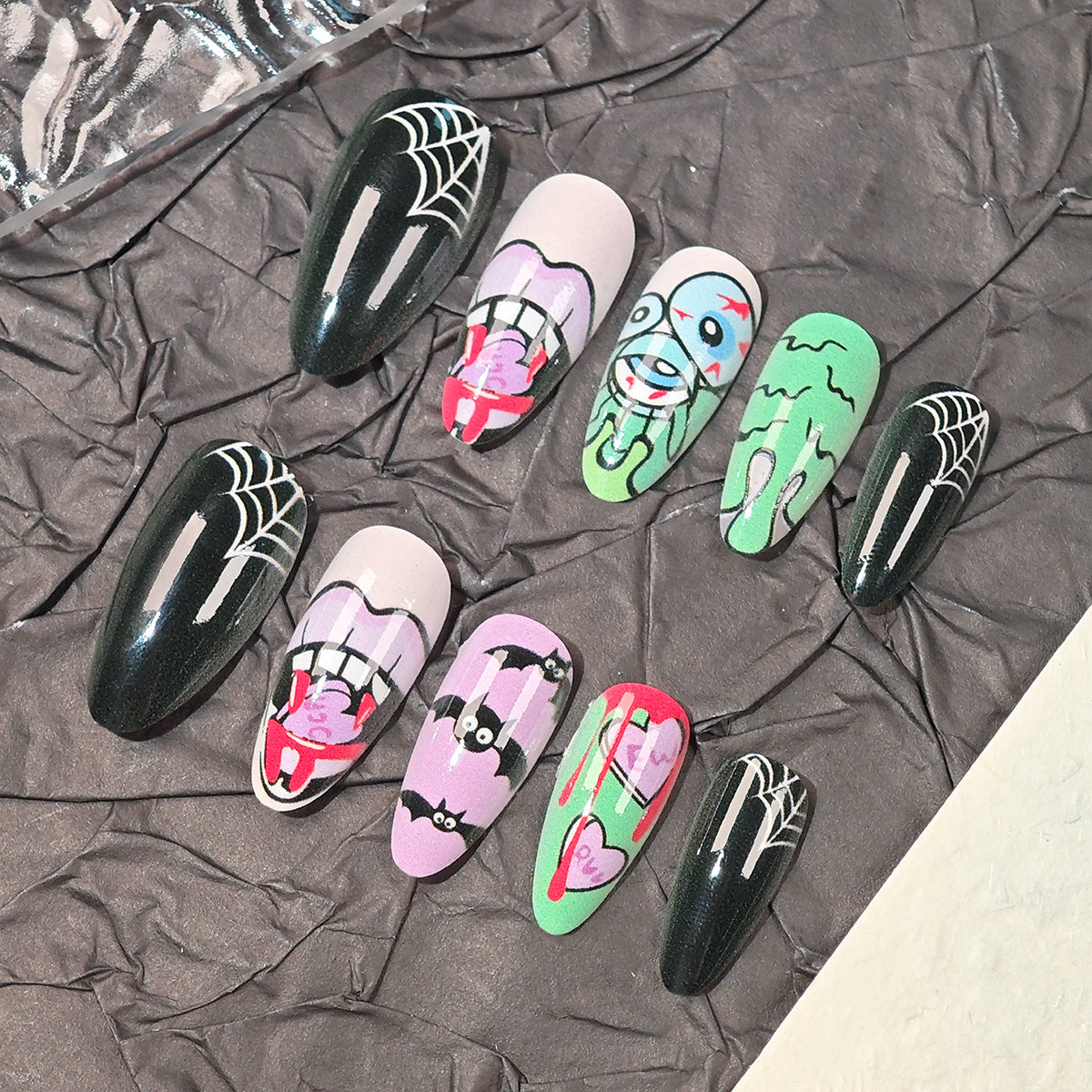 Spooky Halloween Almond Shell Press On Nail Set Long Black and Green Colorful Designs with Fun Cartoon Themes