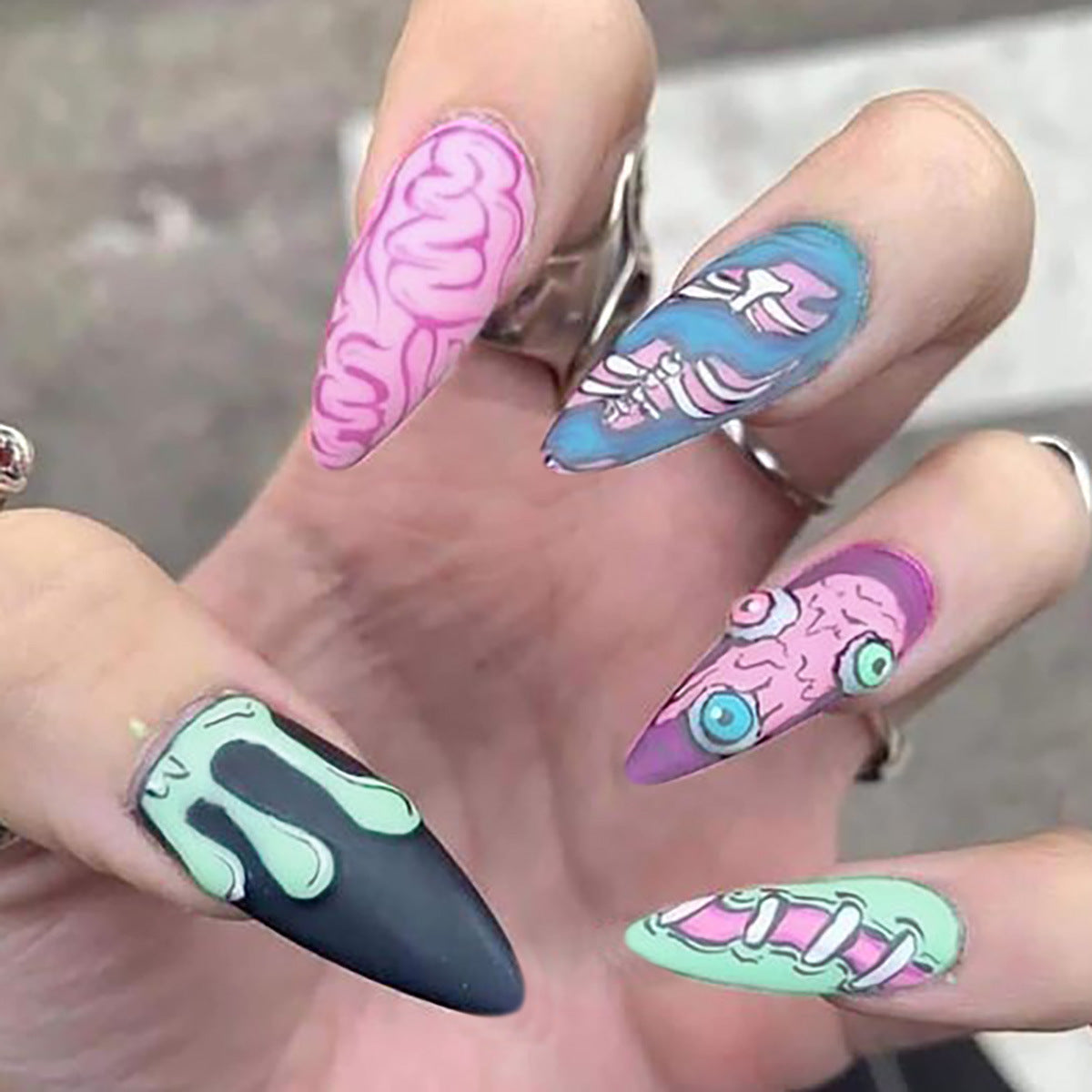 Spooky Halloween Inspired Long Stiletto Style Multi-Color Press On Nail Set with Creepy Brain and Monster Designs