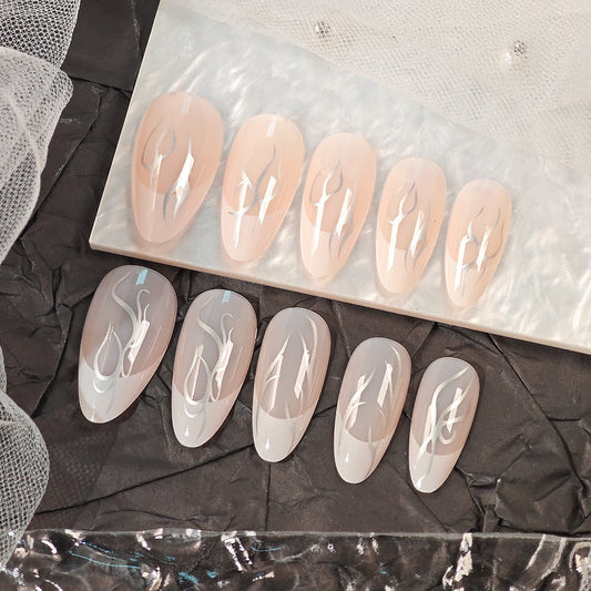 Glamorous Dreamy Almond Shaped Long Beige Press On Nail Set with Elegant Silver Flame Designs