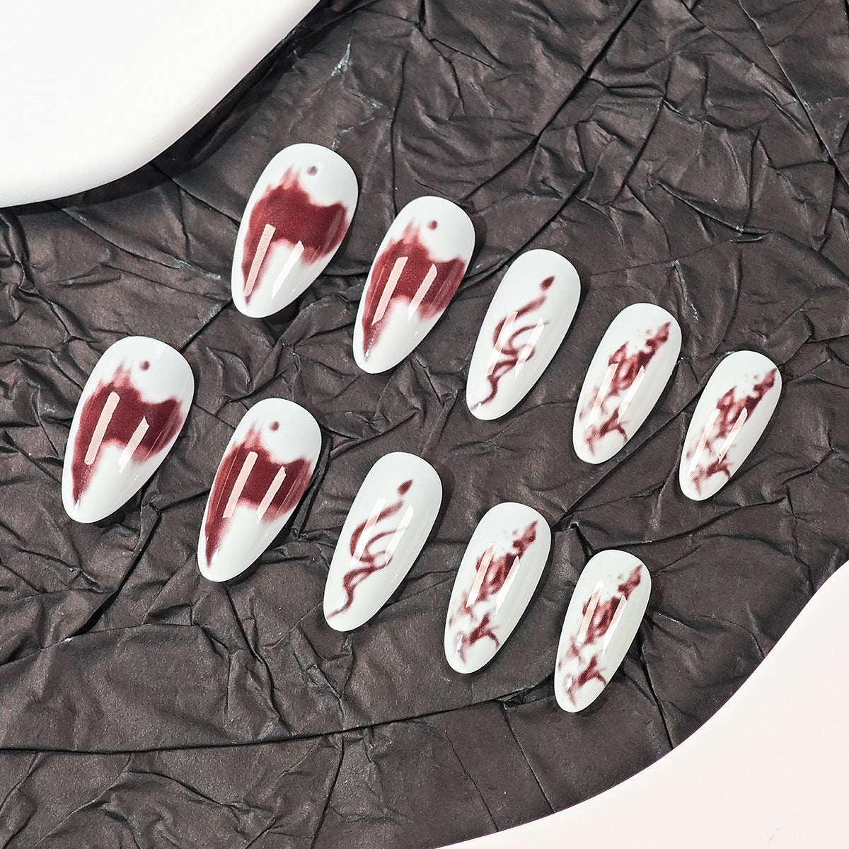 Elegant Floral Dreams Long Almond White and Burgundy Press On Nail Set with Artistic Swirl Design