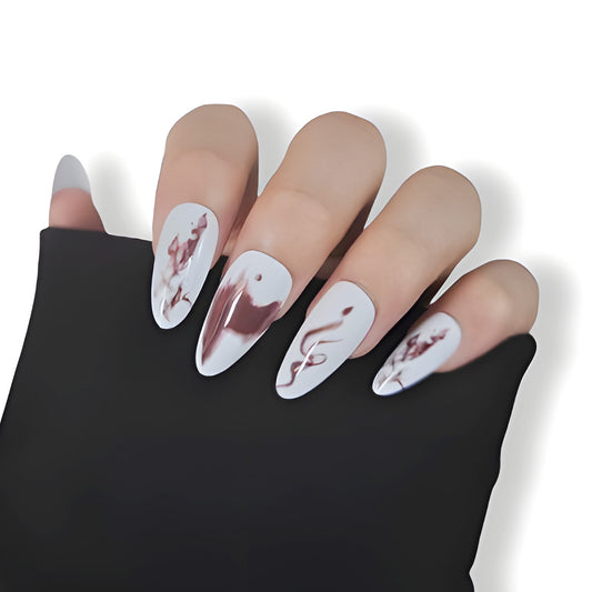 Artistic Elegance Long Almond White and Burgundy Marbled Press On Nail Set with Unique Abstract Design